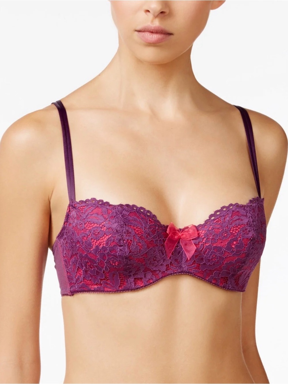 LACE BRA with Pink Contrast Bow - Purple/Pink